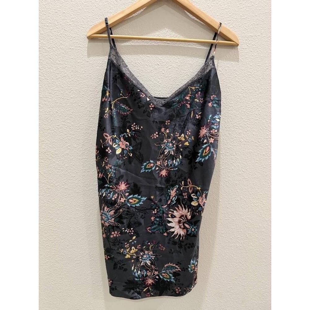 Victoria Secret Satin Slip Dress Chemise L Large Dark Floral Lace Trim Lingerie